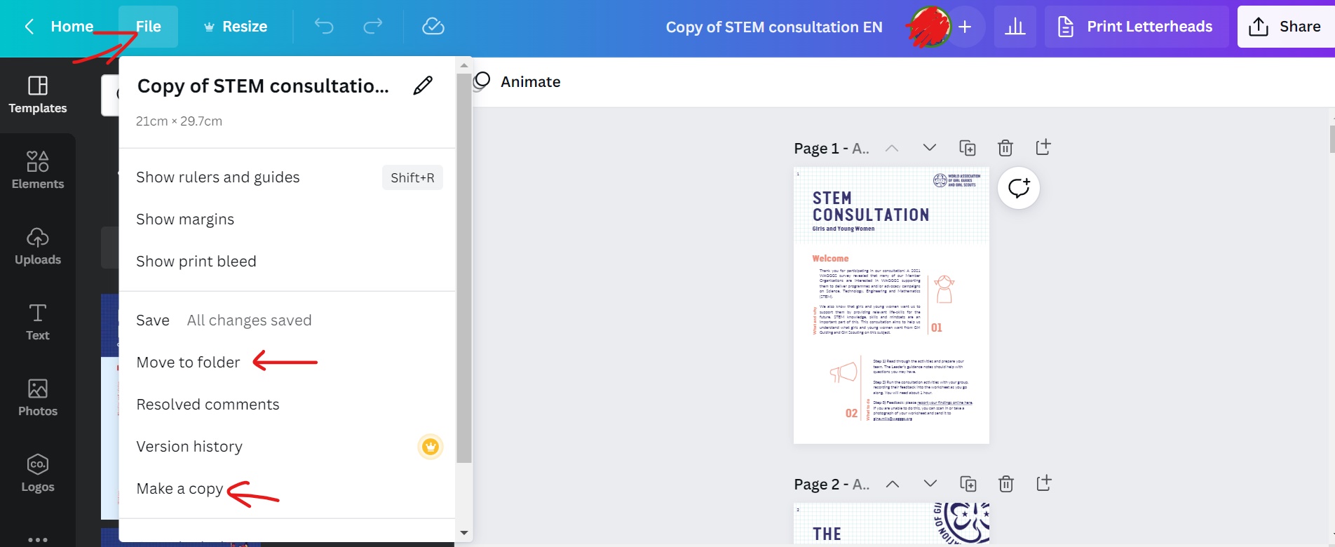 Instructions for saving own copy in Canva